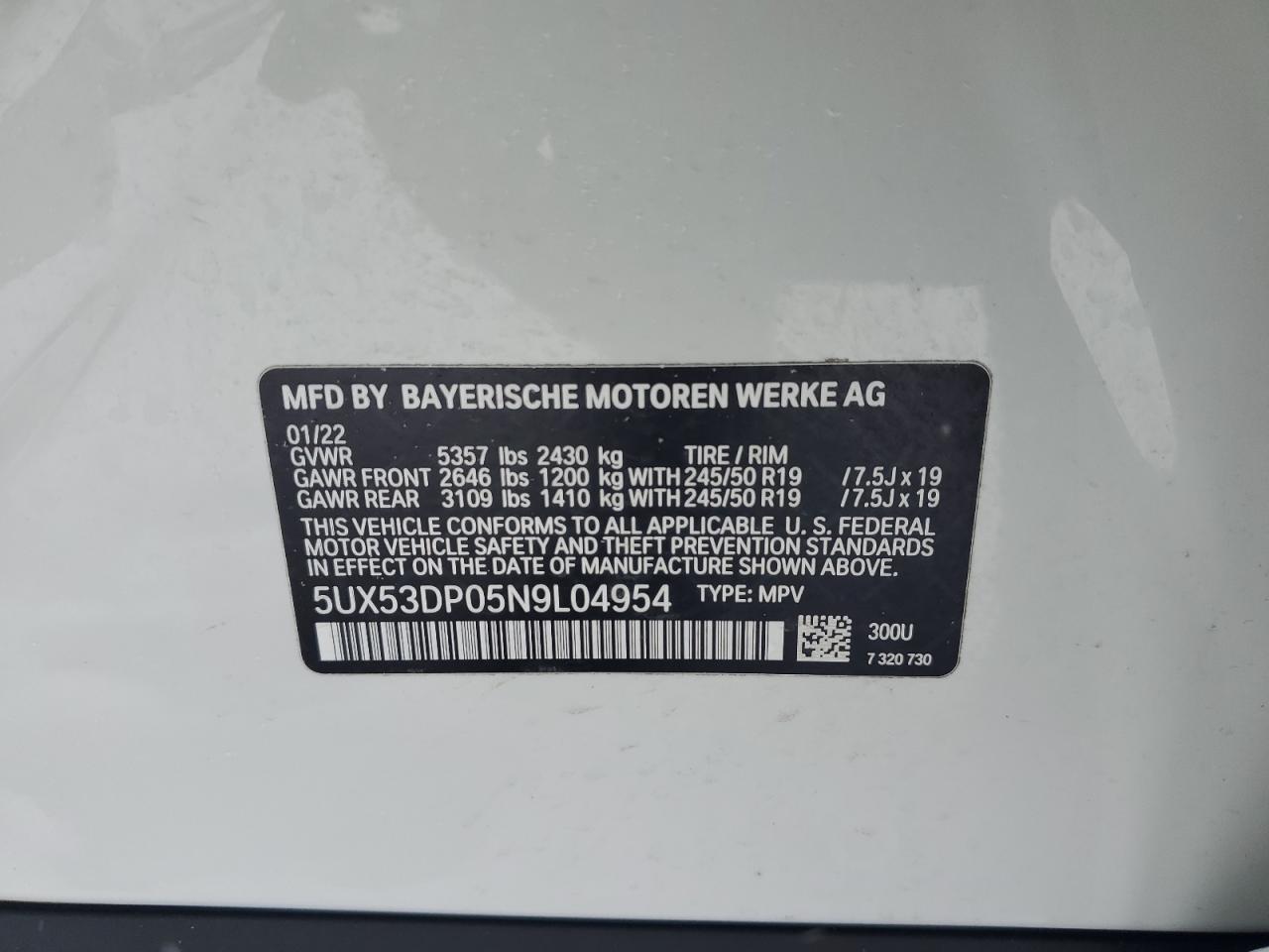 2022 BMW X3 VIN 5UX53DP05N9L04954 Copart auction photo, front end damage thumbnail 15