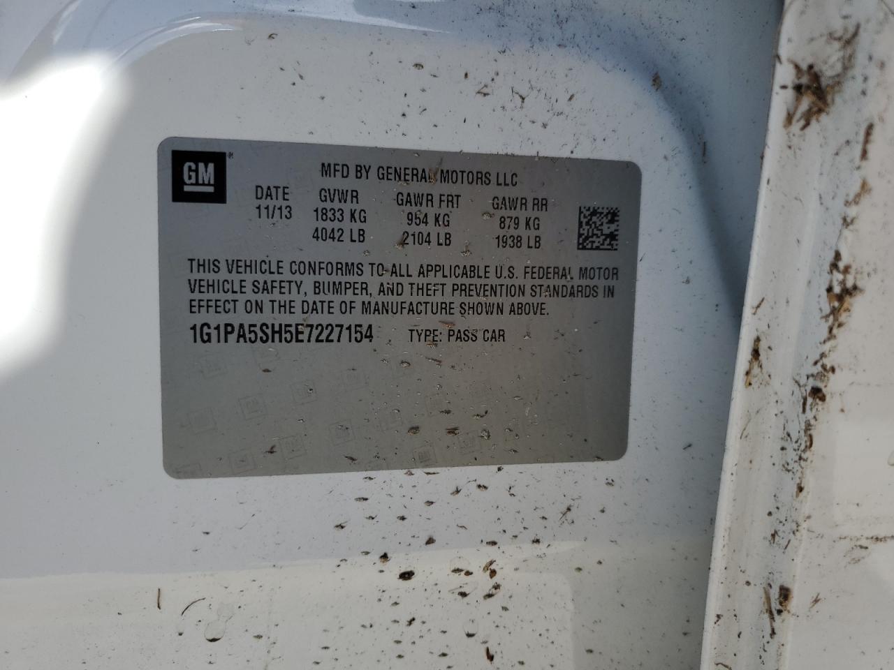 2014 Chevrolet Cruze VIN 1G1PA5SH5E7227154 Copart auction photo, rear end damage thumbnail 12
