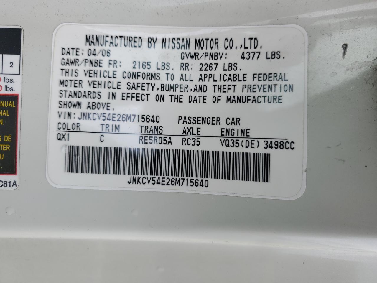 2006 Infiniti G VIN JNKCV54E26M715640 Copart auction photo, front end damage thumbnail 12