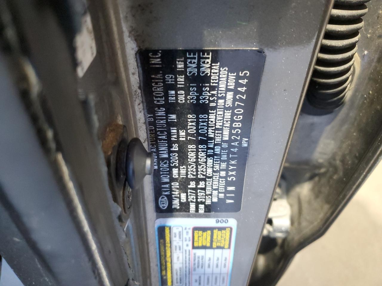 2011 KIA Sorento VIN 5XYKT4A25BG072445 Copart auction photo, front end / minor dent/scratches damage thumbnail 13