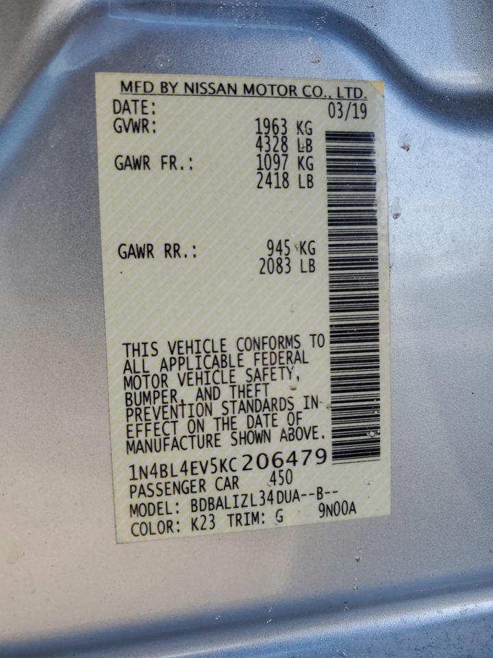 2019 Nissan Altima VIN 1N4BL4EV5KC206479 Copart auction photo, rear end / side damage thumbnail 14