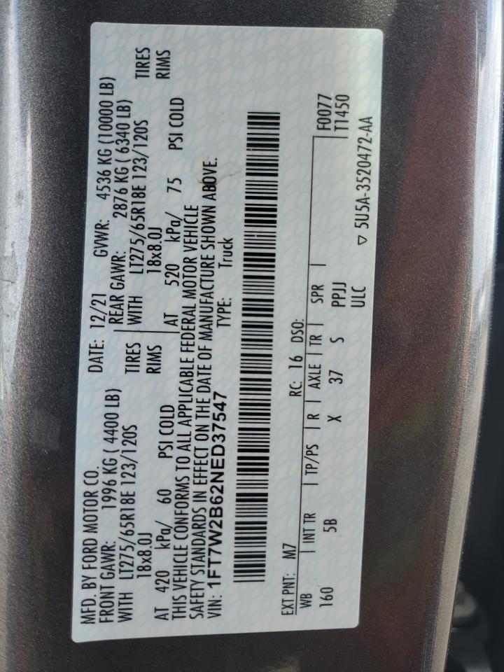2022 Ford F250 VIN 1FT7W2B62NED37547 Copart auction photo, side damage thumbnail 12