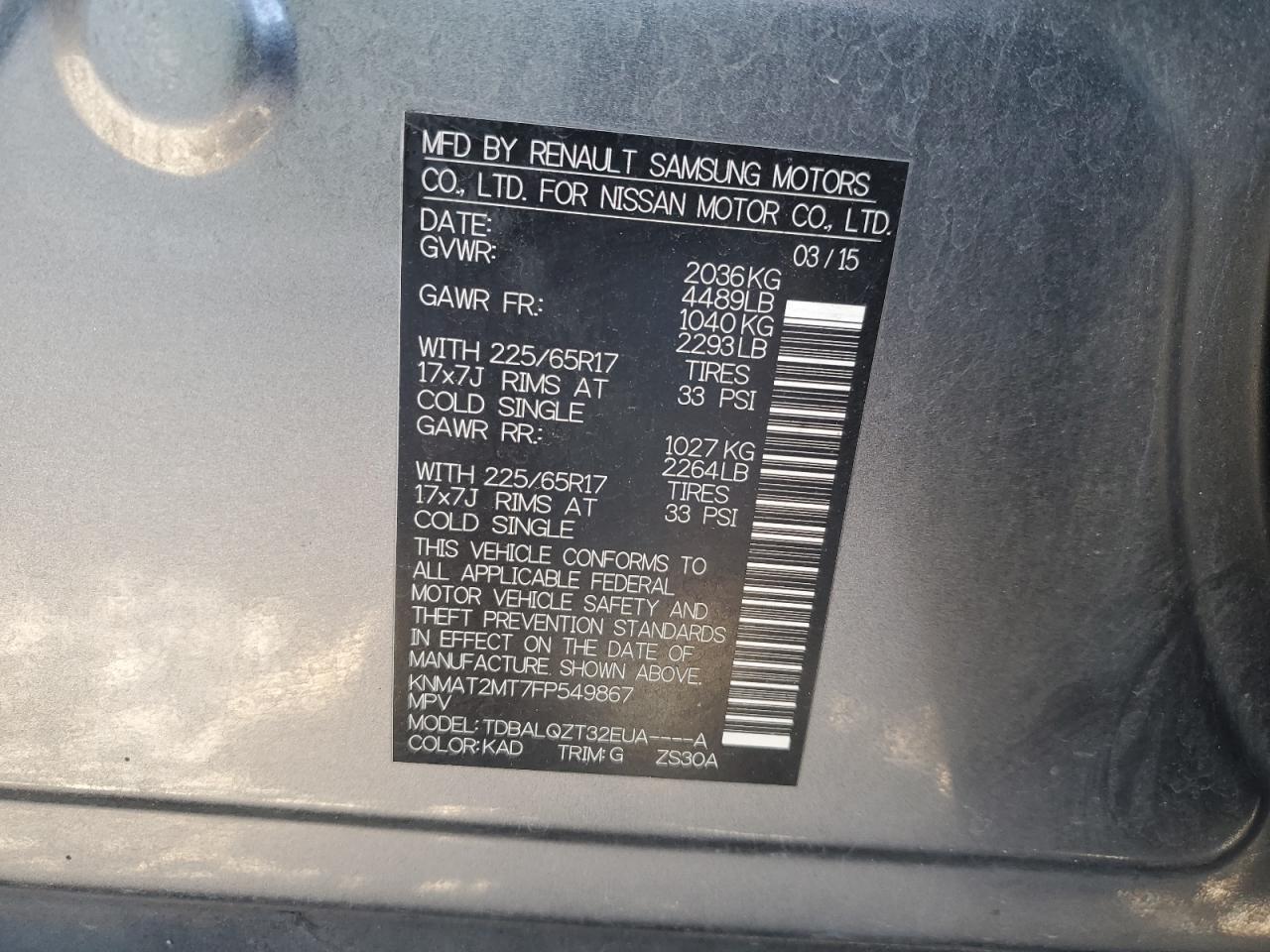 2015 Nissan Rogue VIN KNMAT2MT7FP549867 Copart auction photo, front end damage thumbnail 12