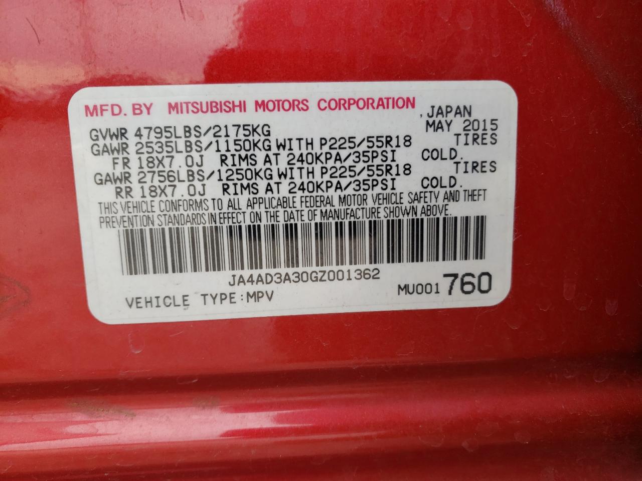 2016 Mitsubishi Outlander VIN JA4AD3A30GZ001362 Copart auction photo, rear end damage thumbnail 15