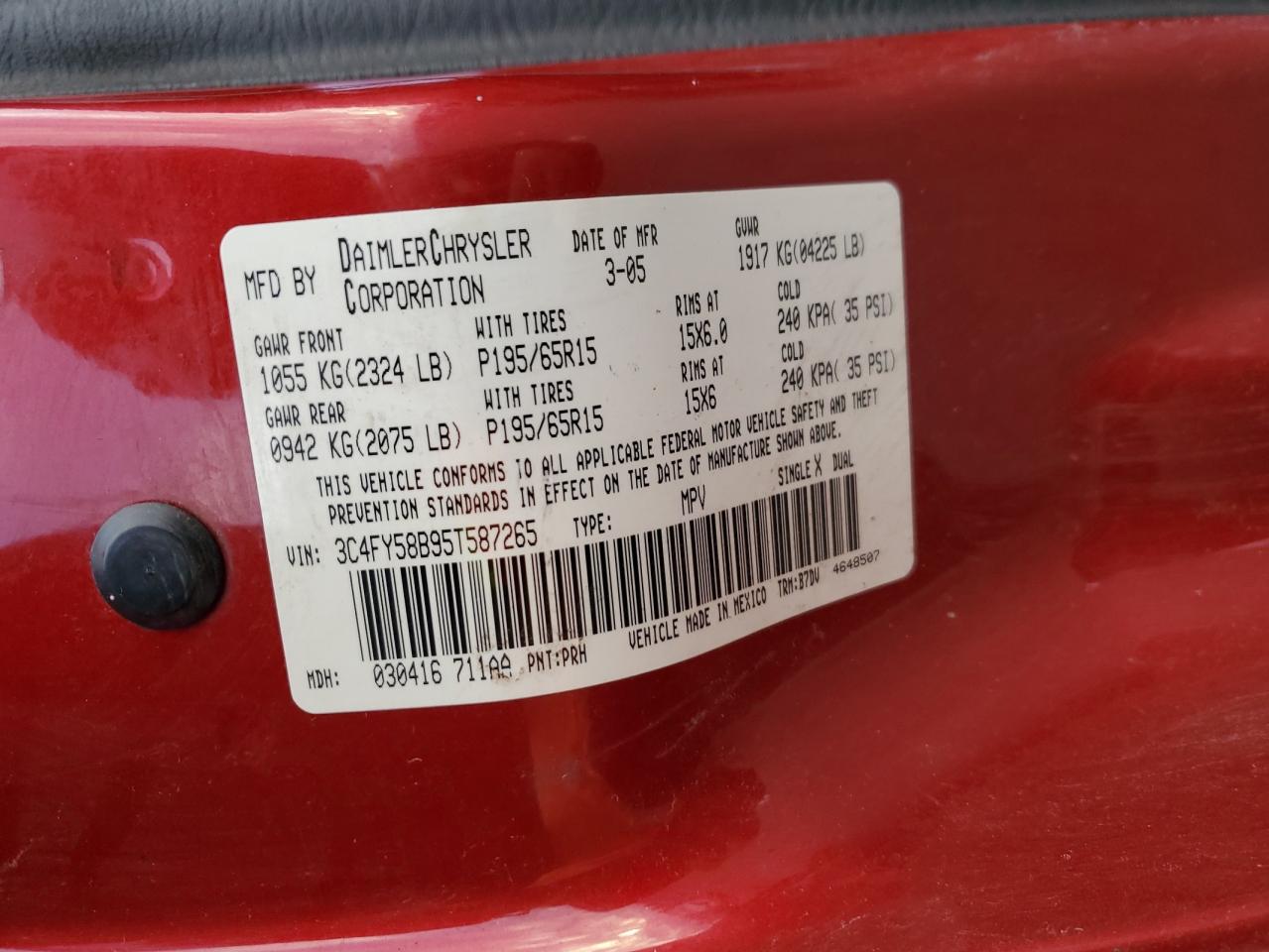 2005 Chrysler PT Cruiser VIN 3C4FY58B95T587265 Copart auction photo, rear end damage thumbnail 13