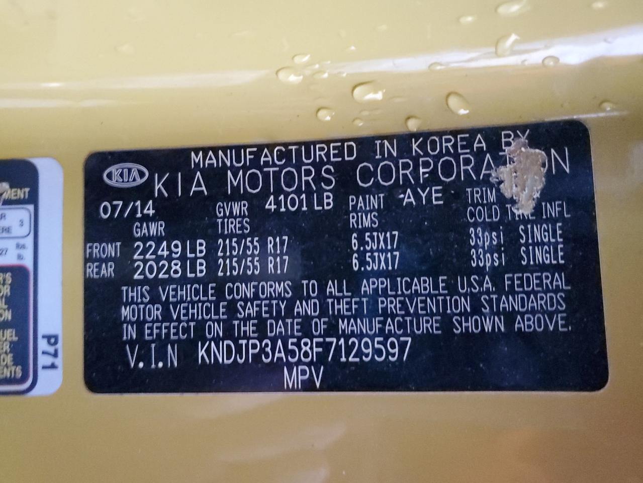 2015 KIA Soul VIN KNDJP3A58F7129597 Copart auction photo, front end / hail damage thumbnail 12