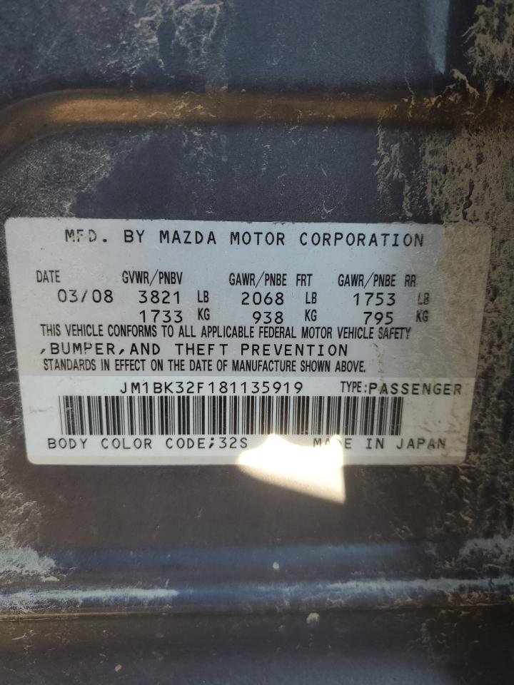 2008 Mazda 3 VIN JM1BK32F181135919 Copart auction photo, rear end damage thumbnail 12