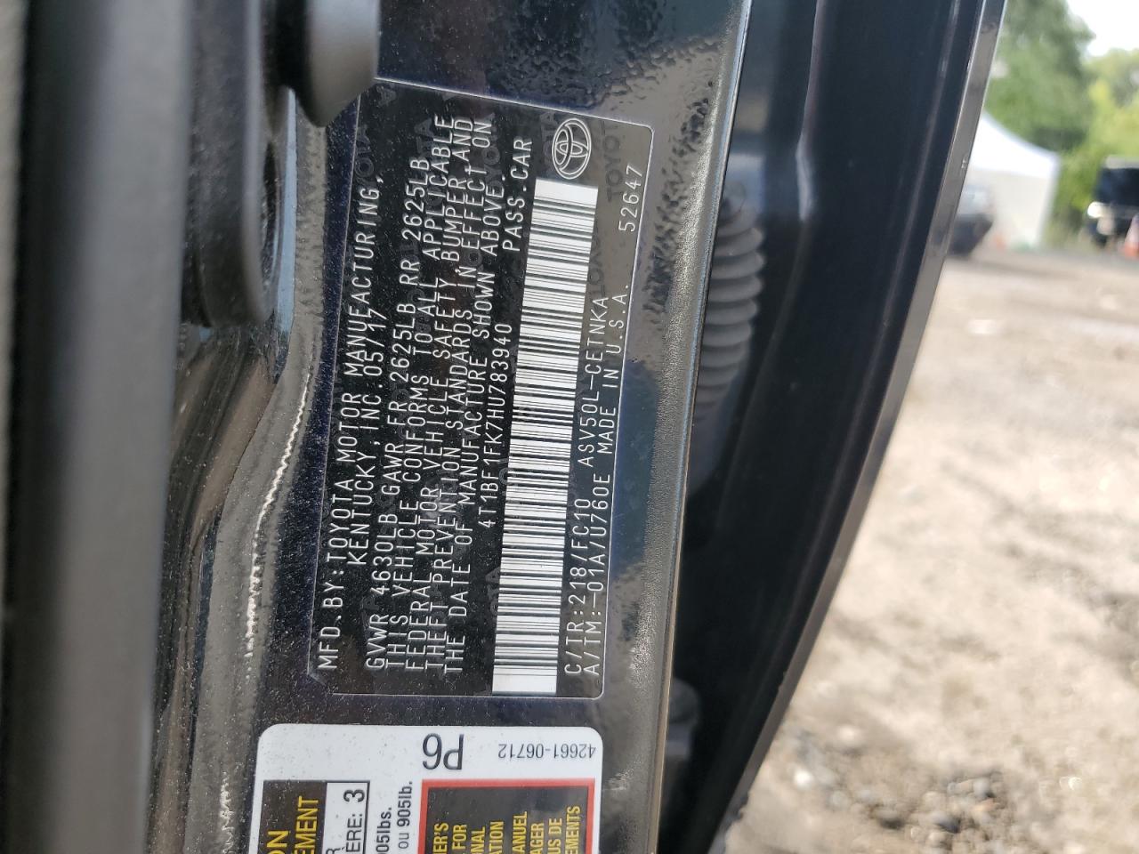 2017 Toyota Camry VIN 4T1BF1FK7HU783940 Copart auction photo, front end / minor dent/scratches damage thumbnail 14