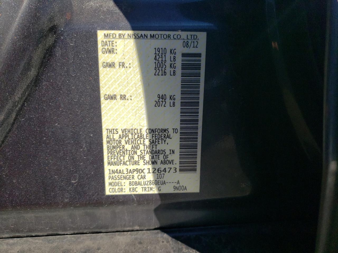 2013 Nissan Altima VIN 1N4AL3AP9DC126473 Copart auction photo, rear end damage thumbnail 12