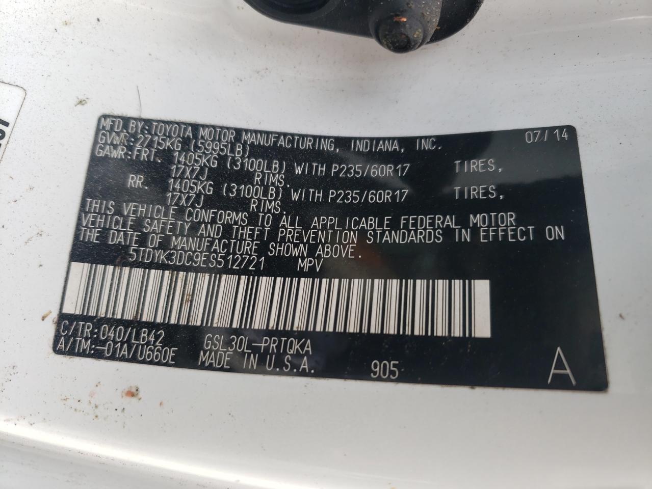 2014 Toyota Sienna VIN 5TDYK3DC9ES512721 Copart auction photo, rollover damage thumbnail 13