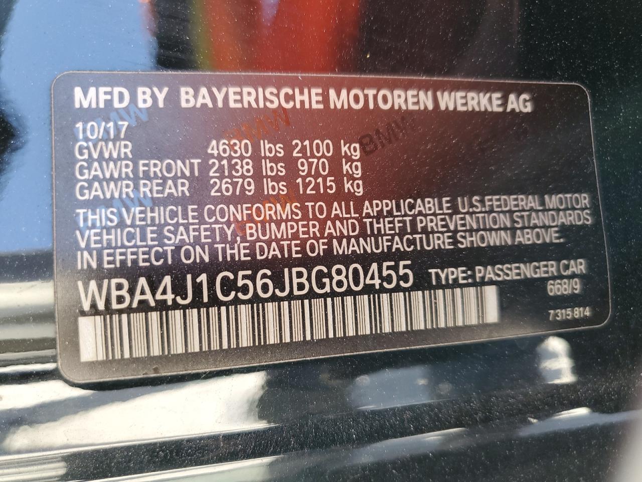 2018 BMW 4er VIN WBA4J1C56JBG80455 Copart auction photo, mechanical damage thumbnail 12