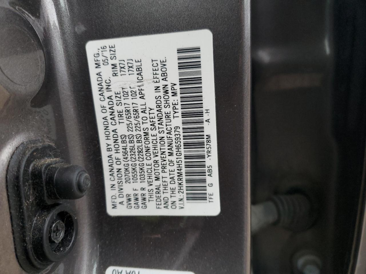 2016 Honda CR-V VIN 2HKRM4H51GH659379 Copart auction photo, front end damage thumbnail 13