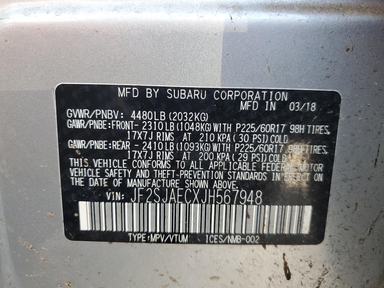 2018 Subaru Forester VIN JF2SJAECXJH567948 Copart auction photo, all over damage thumbnail 13