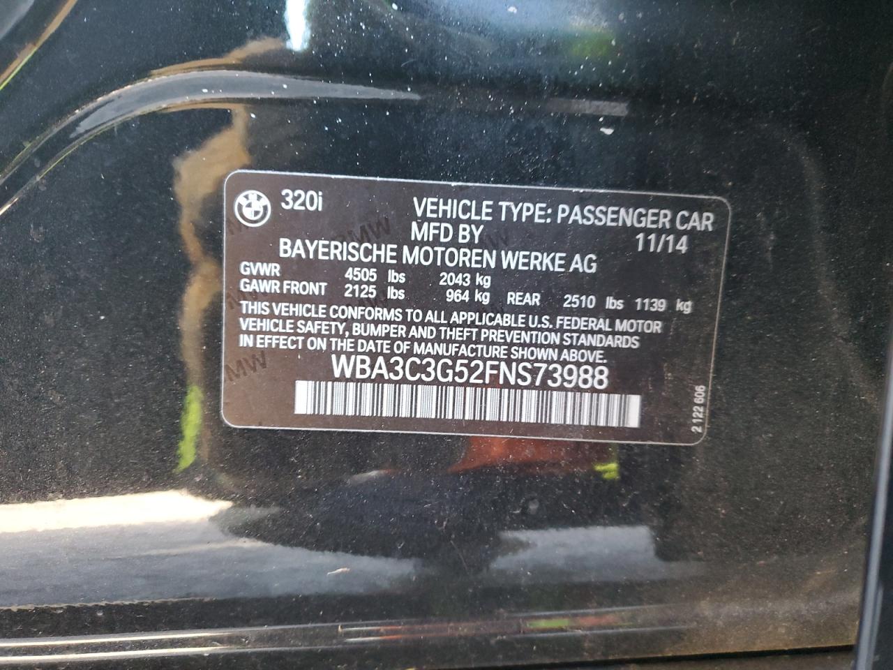 2015 BMW 3er VIN WBA3C3G52FNS73988 Copart auction photo, front end damage thumbnail 12