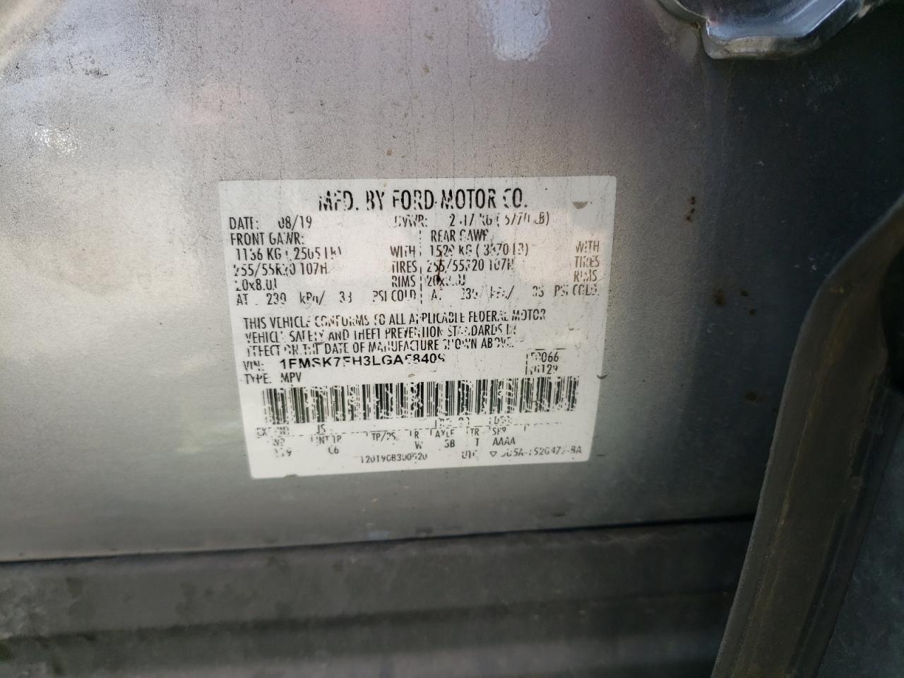 2020 Ford Explorer VIN 1FMSK7FH3LGA58409 Copart auction photo, front end damage thumbnail 16