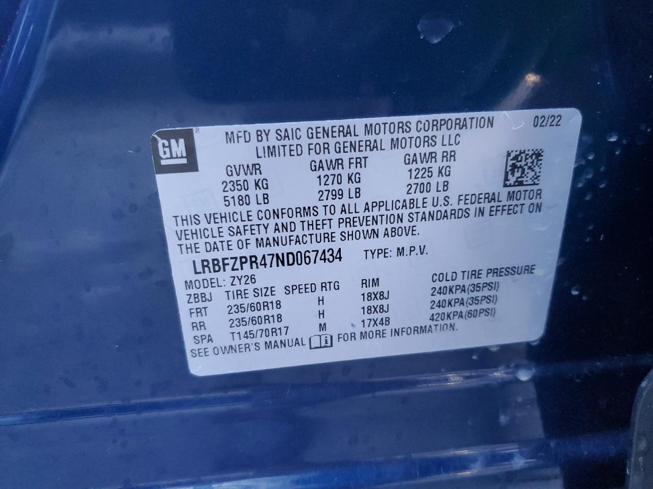 2022 Buick Envision VIN LRBFZPR47ND067434 Copart auction photo, front end damage thumbnail 15