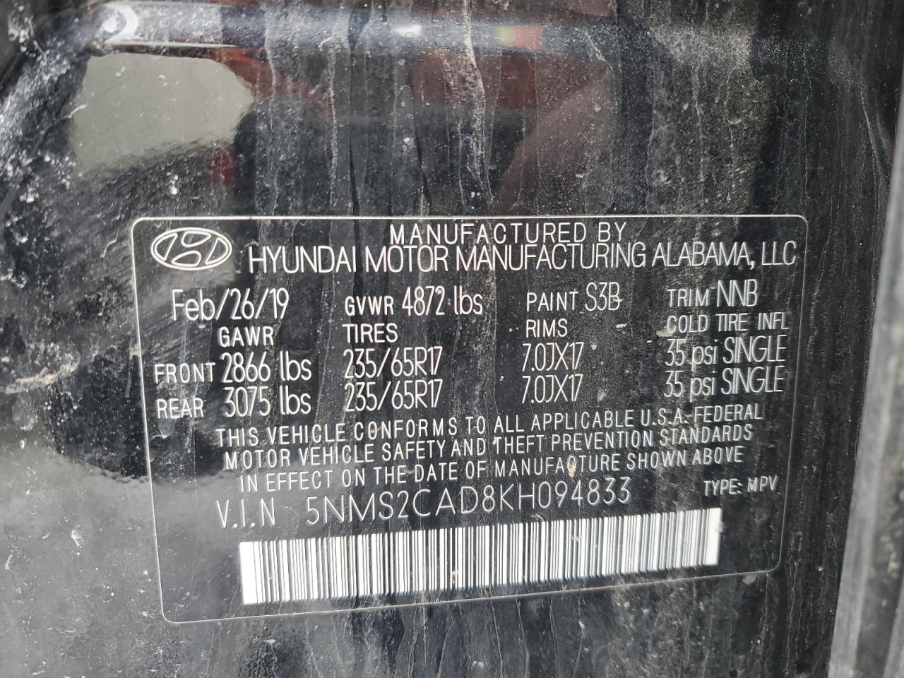 2019 Hyundai Santa Fe VIN 5NMS2CAD8KH094833 Copart auction photo, all over damage thumbnail 14