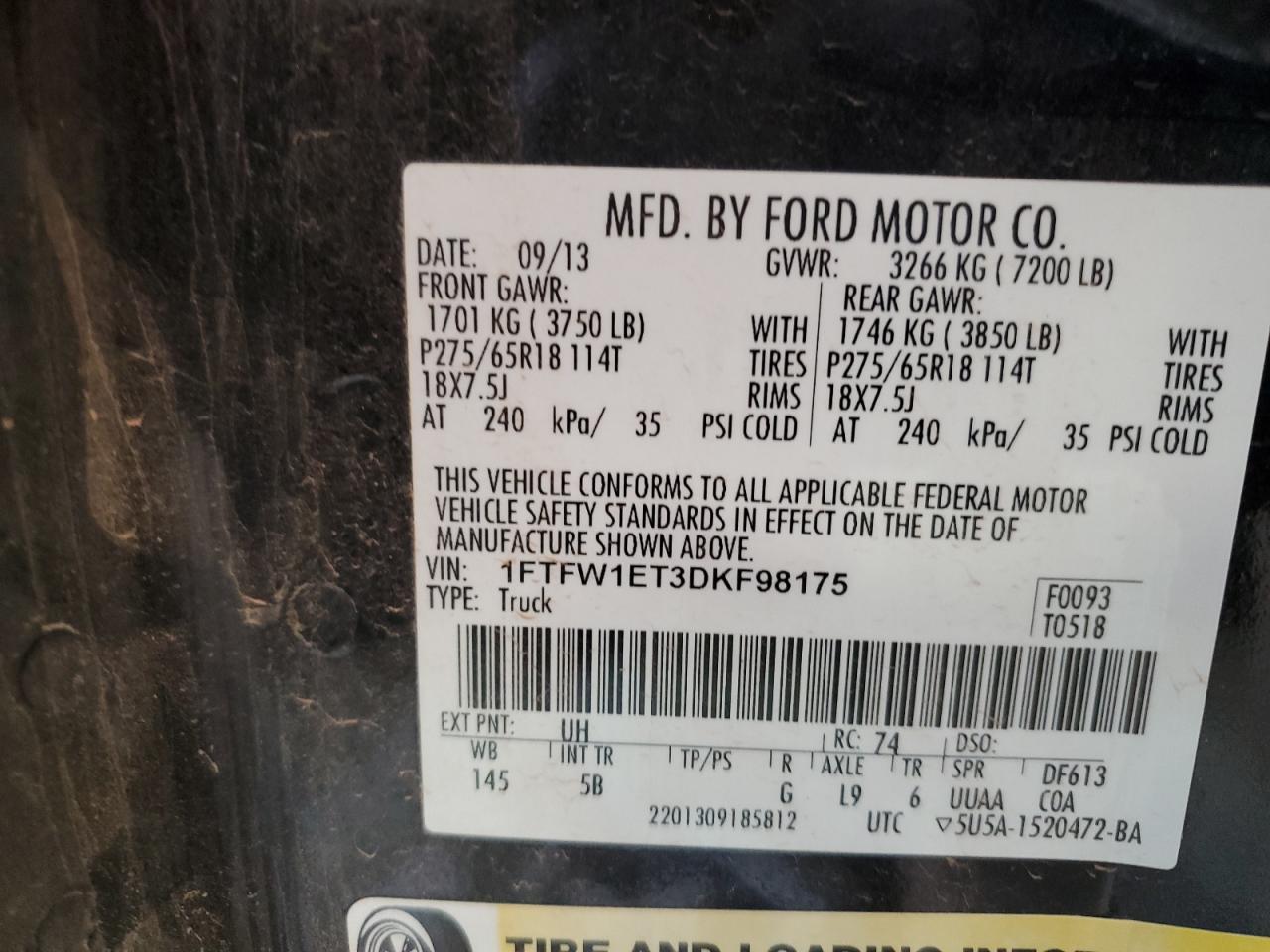 2013 Ford F-150 VIN 1FTFW1ET3DKF98175 Copart auction photo, front end damage thumbnail 13