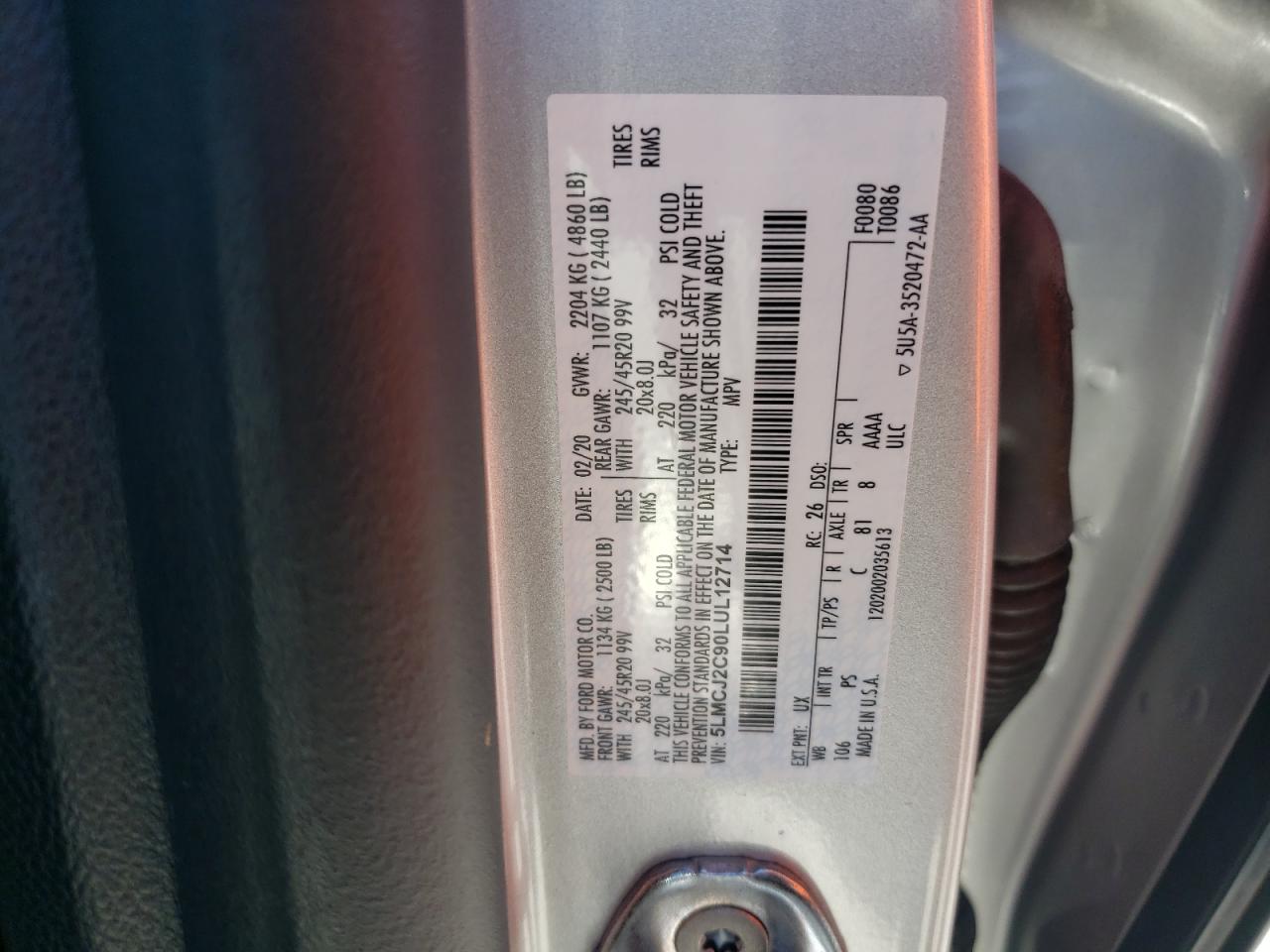 2020 Lincoln Corsair VIN 5LMCJ2C90LUL12714 Copart auction photo, front end damage thumbnail 14