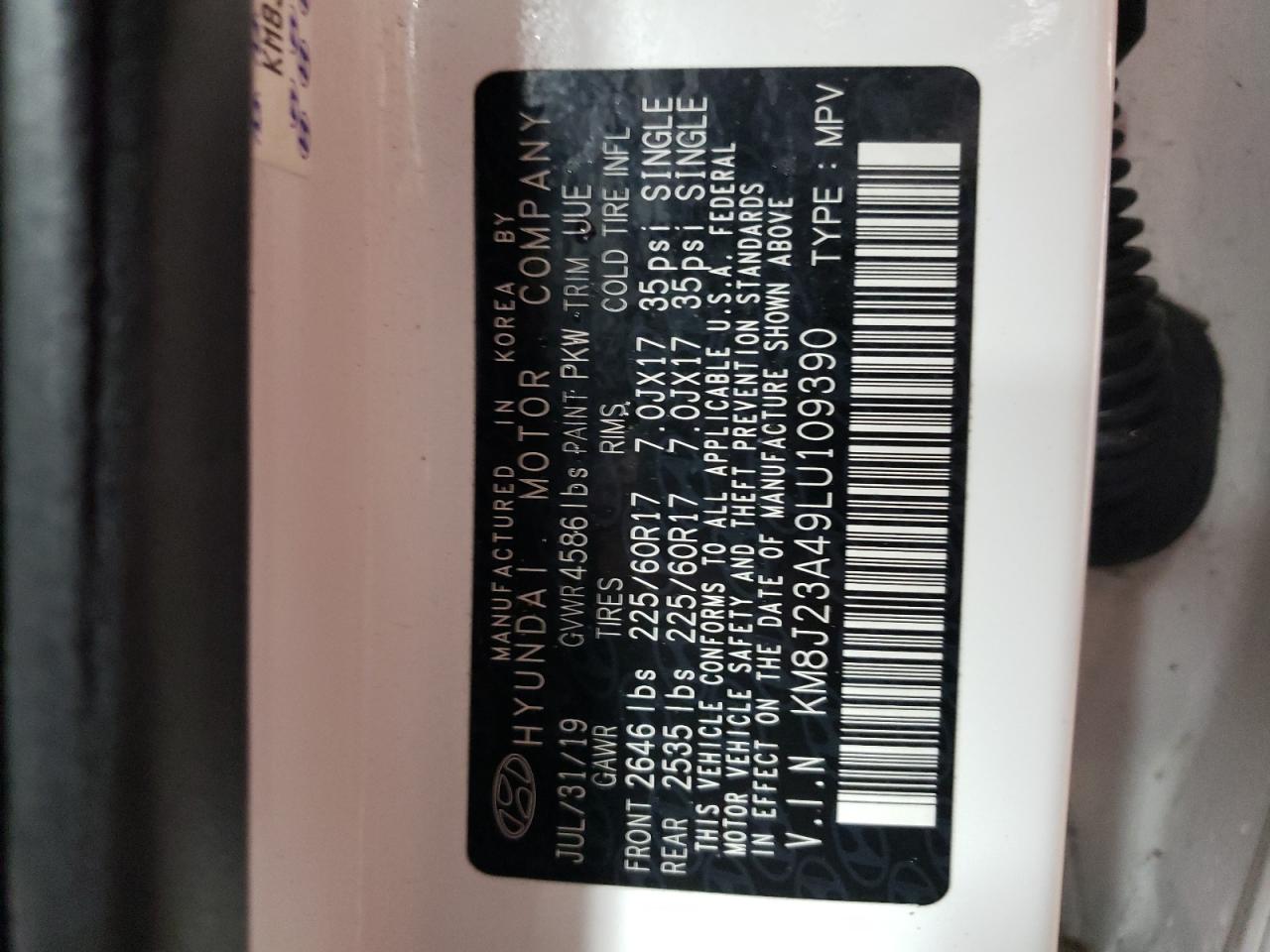 2020 Hyundai Tucson VIN KM8J23A49LU109390 Copart auction photo, front end damage thumbnail 13
