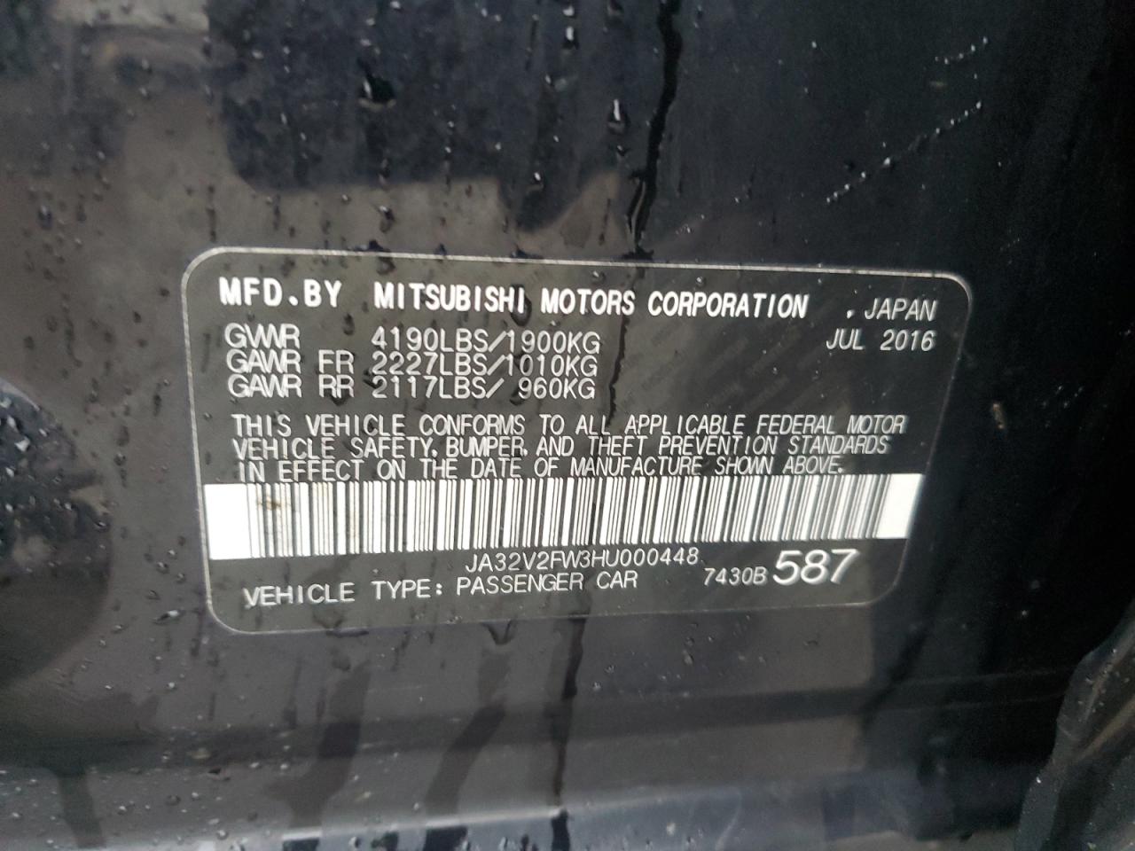 2017 Mitsubishi Lancer VIN JA32V2FW3HU000448 Copart auction photo, rear end damage thumbnail 14