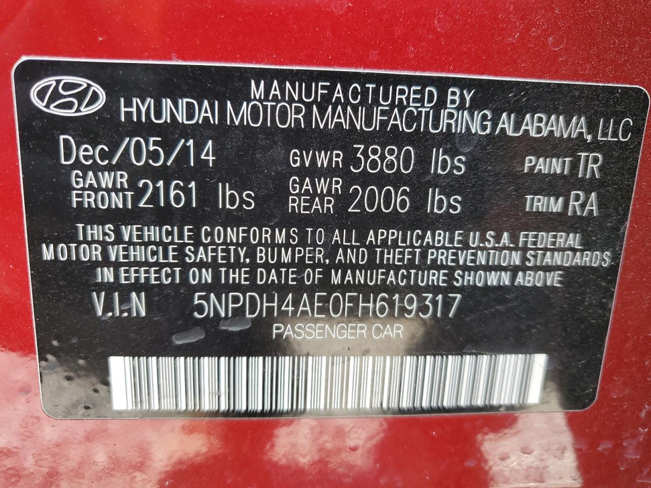 2015 Hyundai Elantra VIN 5NPDH4AE0FH619317 Copart auction photo, rear end / front end damage thumbnail 12