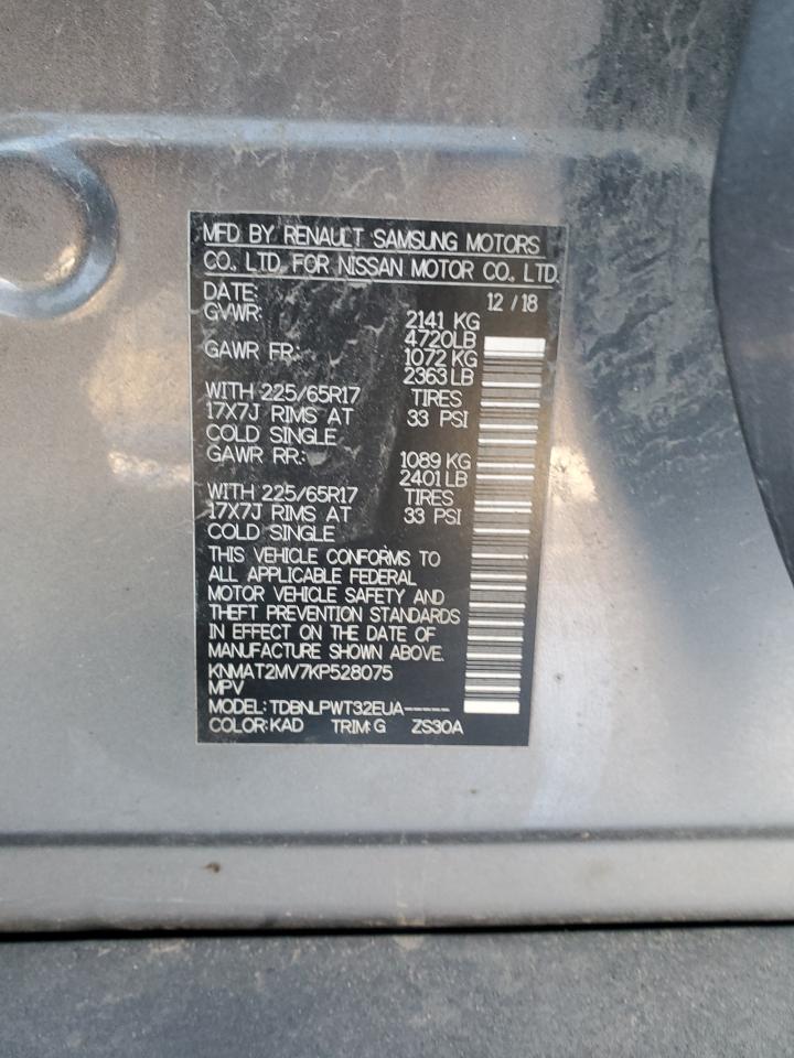 2019 Nissan Rogue VIN KNMAT2MV7KP528075 Copart auction photo, front end / side damage thumbnail 12