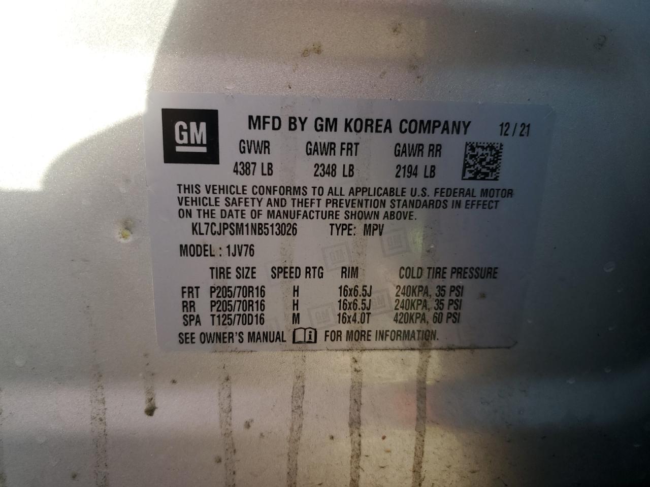 2022 Chevrolet Trax VIN KL7CJPSM1NB513026 Copart auction photo, all over damage thumbnail 13