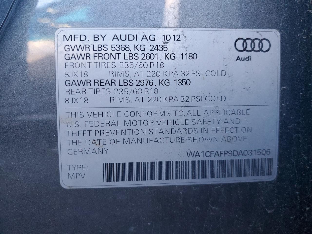 2013 Audi Q5 VIN WA1CFAFP9DA031506 Copart auction photo, front end / minor dent/scratches damage thumbnail 13
