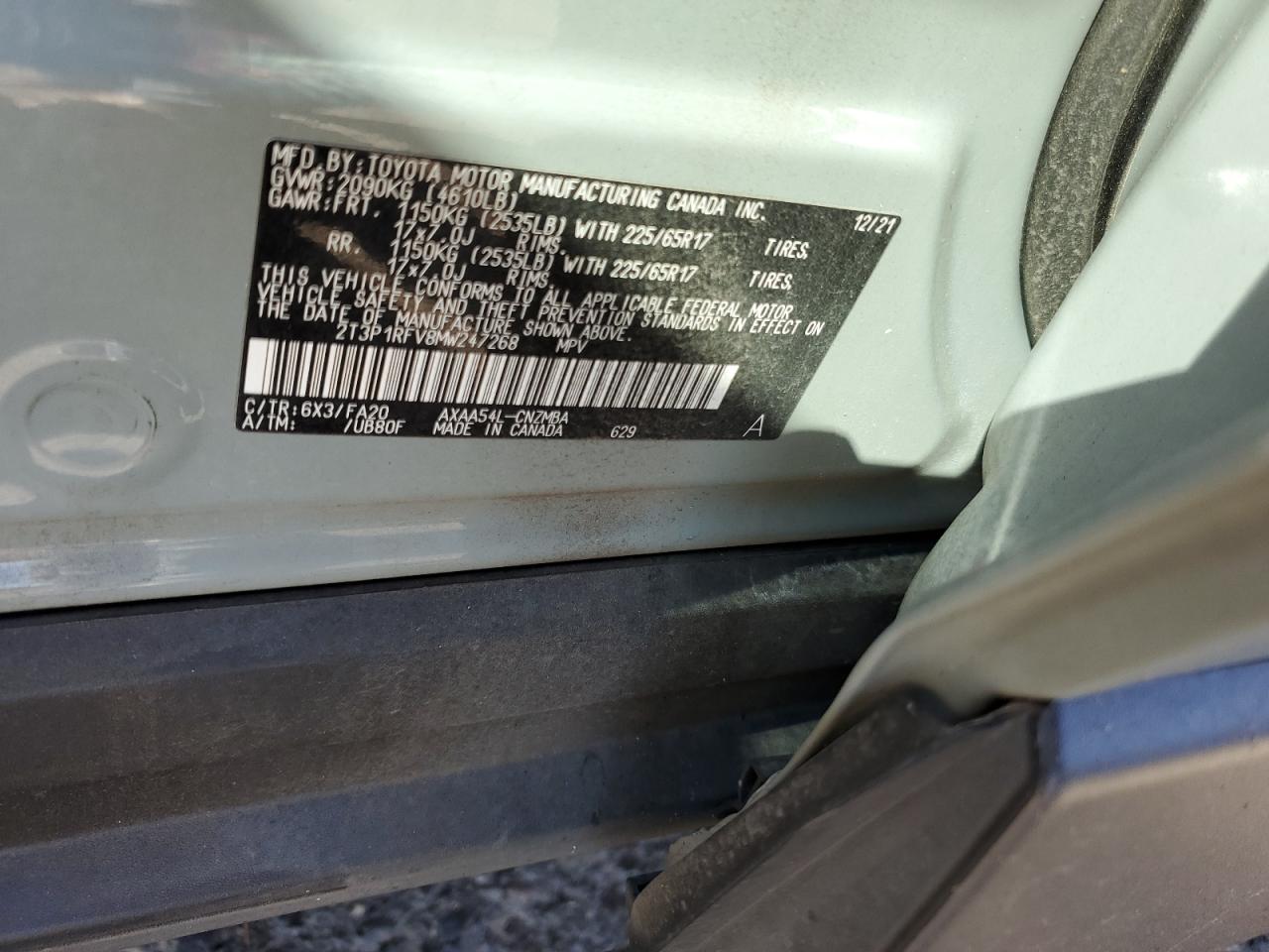 2021 Toyota RAV 4 VIN 2T3P1RFV8MW247268 Copart auction photo, front end damage thumbnail 14