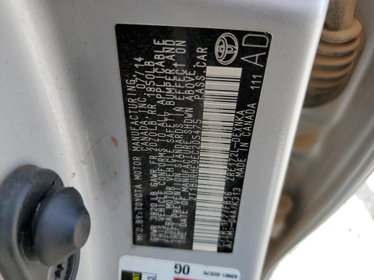 2014 Toyota Corolla VIN 2T1BURHE9EC205475 Copart auction photo, rear end / side damage thumbnail 12