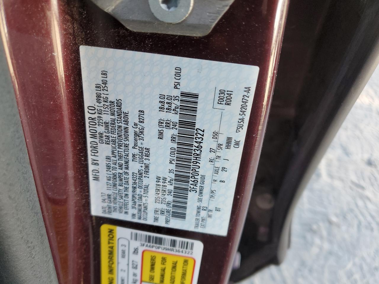 2017 Ford Fusion VIN 3FA6P0PU9HR364322 Copart auction photo, front end / side damage thumbnail 12
