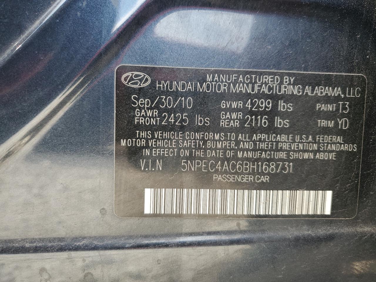 2011 Hyundai Sonata VIN 5NPEC4AC6BH168731 Copart auction photo, front end / hail damage thumbnail 13