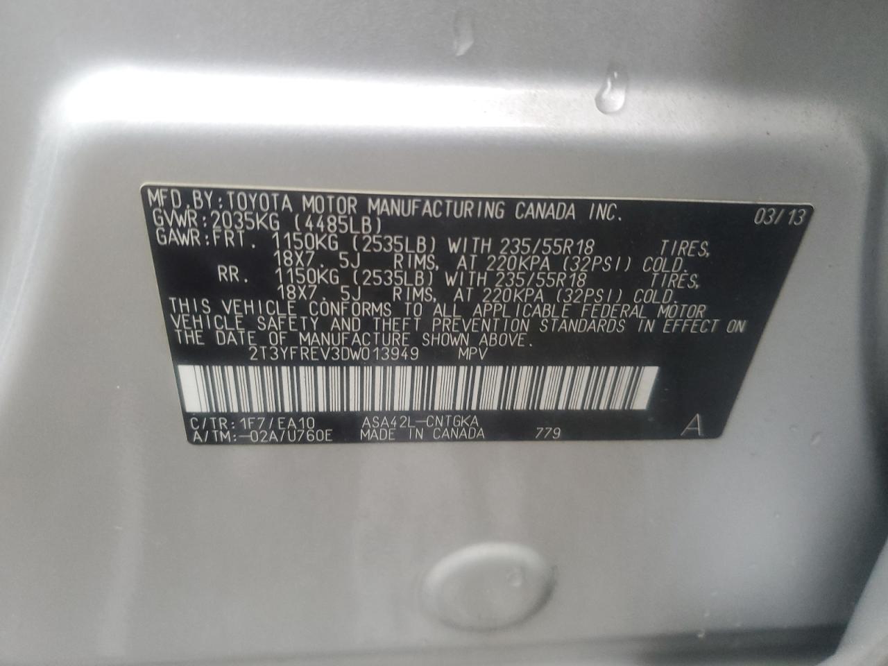 2013 Toyota RAV 4 VIN 2T3YFREV3DW013949 Copart auction photo, all over damage thumbnail 13