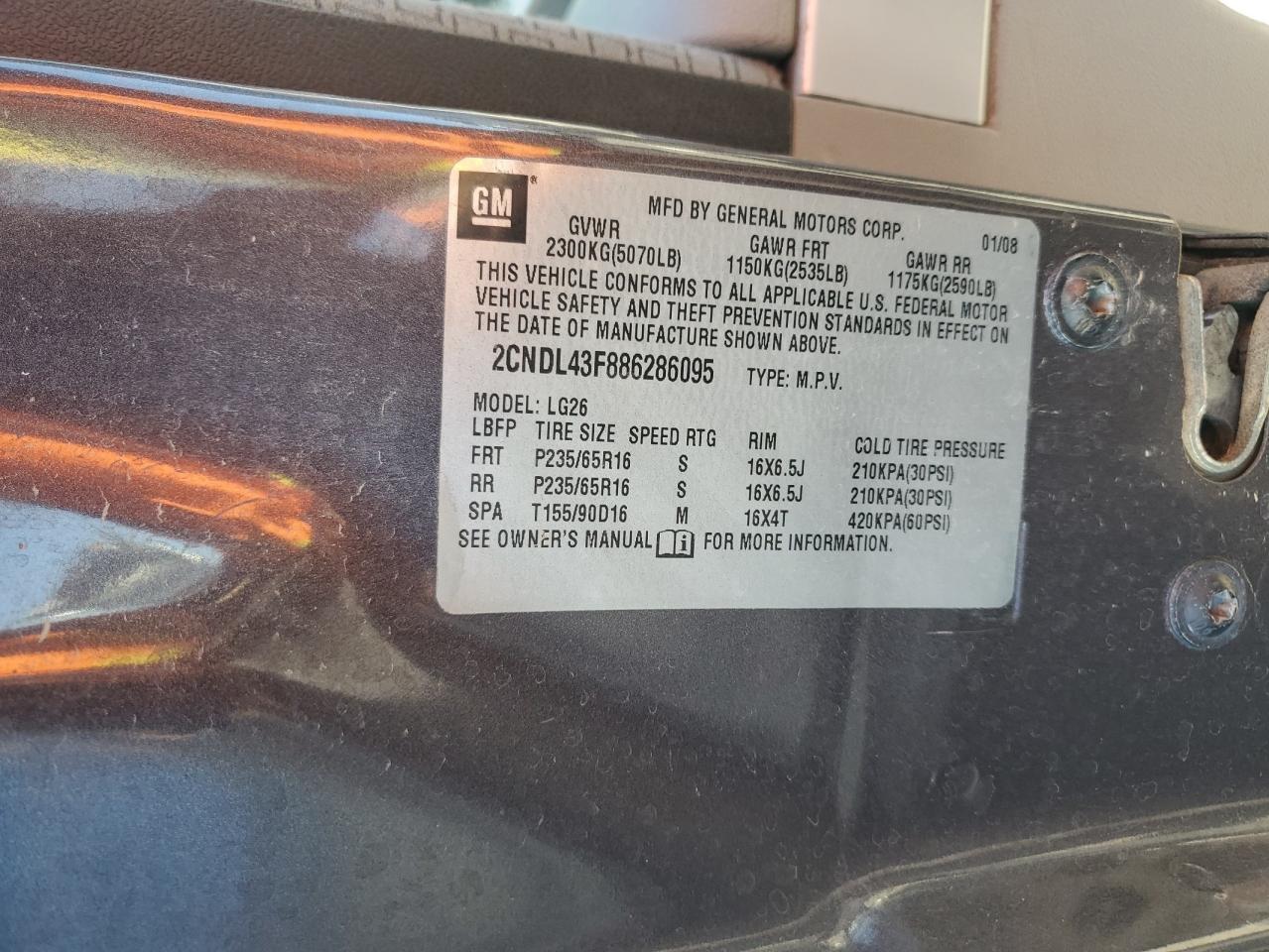 2008 Chevrolet Equinox VIN 2CNDL43F886286095 Copart auction photo, front end damage thumbnail 13