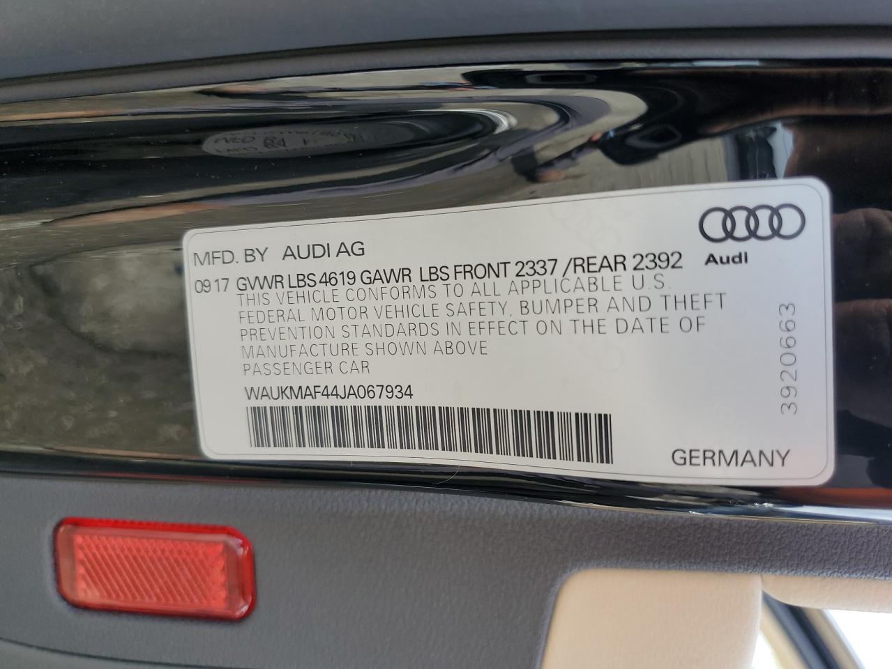 2018 Audi A4 VIN WAUKMAF44JA067934 Copart auction photo, front end / side damage thumbnail 12