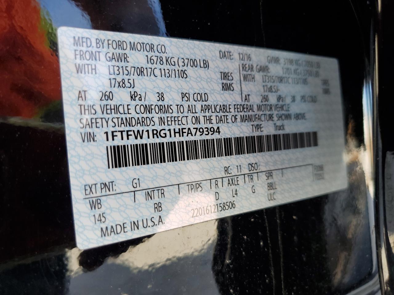 2017 Ford F-150 VIN 1FTFW1RG1HFA79394 Copart auction photo, rejected repair damage thumbnail 13