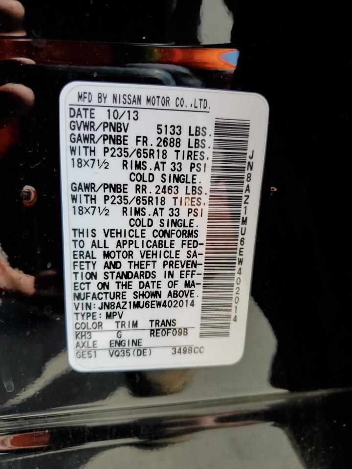 2014 Nissan Murano VIN JN8AZ1MU6EW402014 Copart auction photo, front end damage thumbnail 13