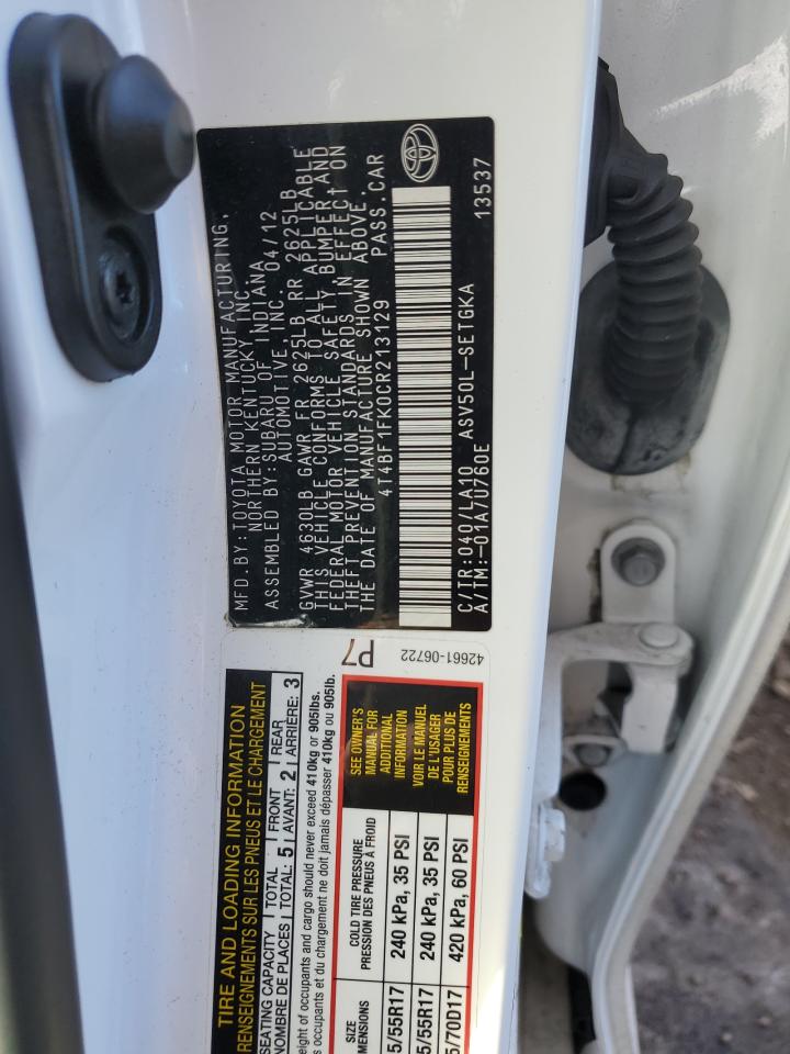 2012 Toyota Camry VIN 4T4BF1FK0CR213129 Copart auction photo, front end / side damage thumbnail 13