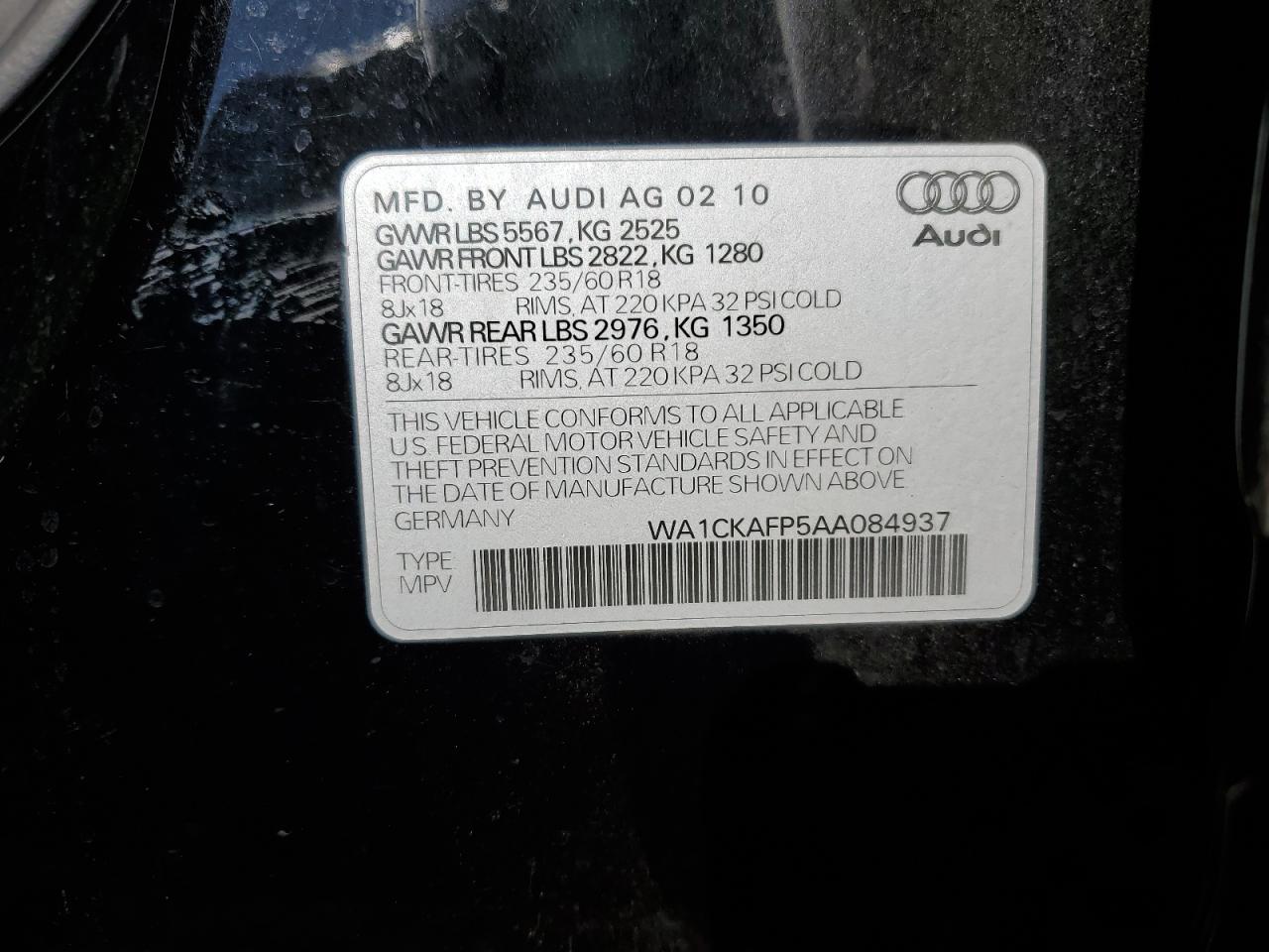 2010 Audi Q5 VIN WA1CKAFP5AA084937 Copart auction photo, rear end damage thumbnail 13