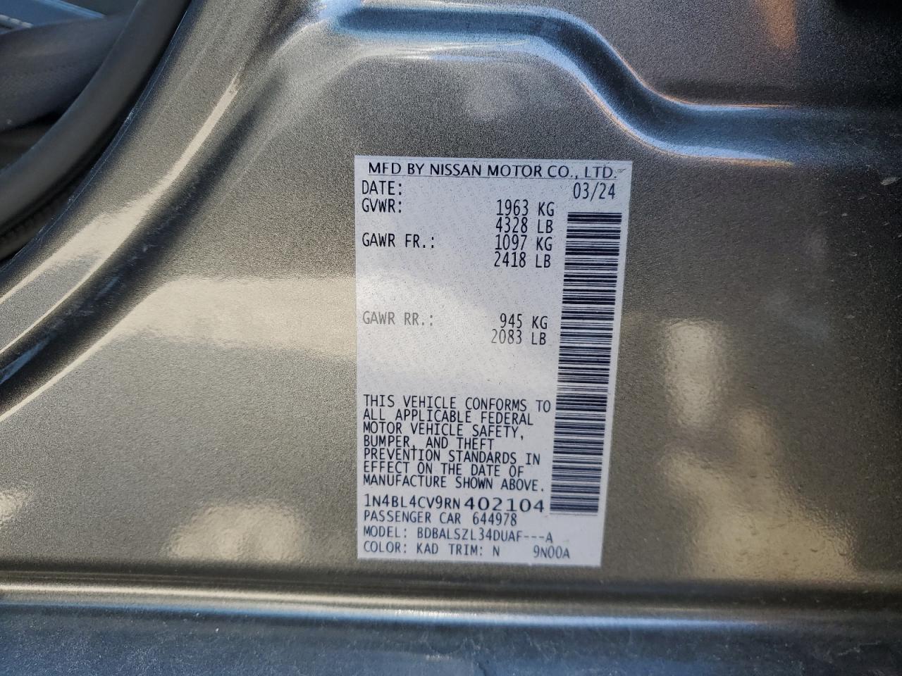 2024 Nissan Altima VIN 1N4BL4CV9RN402104 Copart auction photo, all over damage thumbnail 12