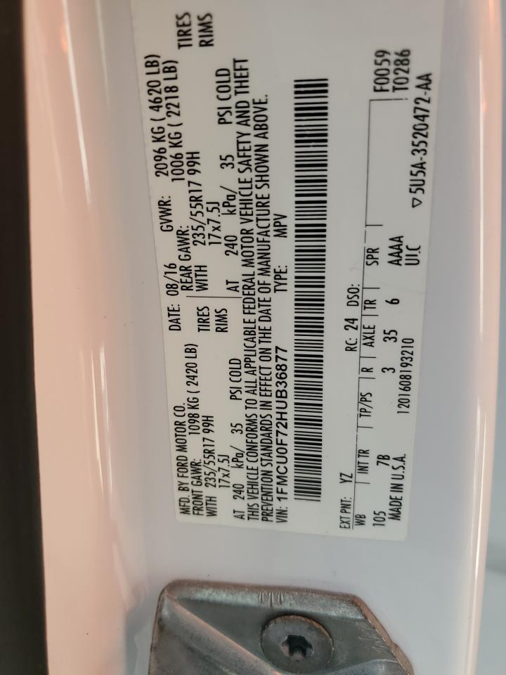 2017 Ford Escape VIN 1FMCU0F72HUB36877 Copart auction photo, water/flood damage thumbnail 13