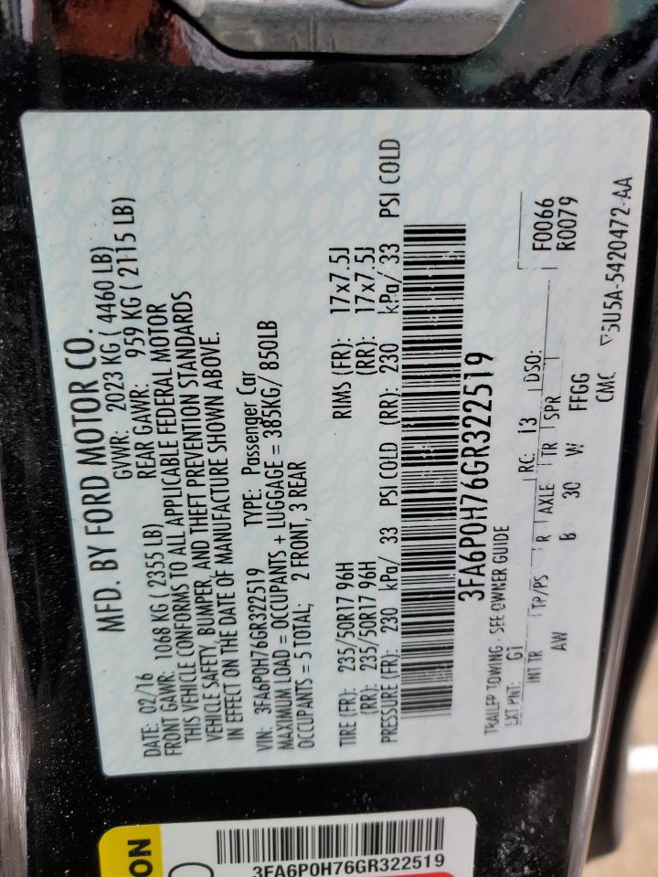2016 Ford Fusion VIN 3FA6P0H76GR322519 Copart auction photo, front end damage thumbnail 12