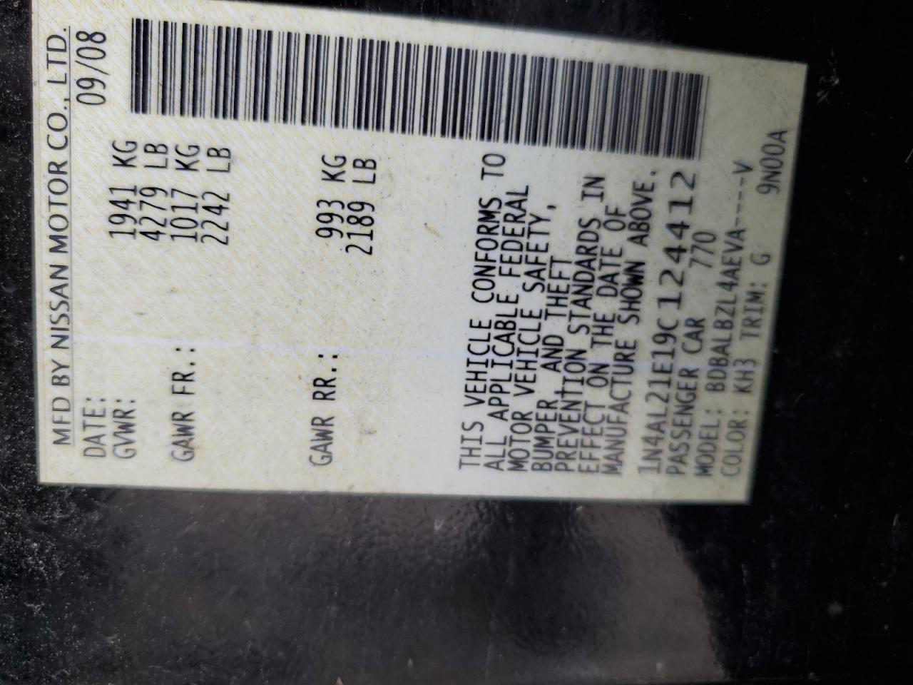 2009 Nissan Altima VIN 1N4AL21E19C124412 Copart auction photo, rear end damage thumbnail 15