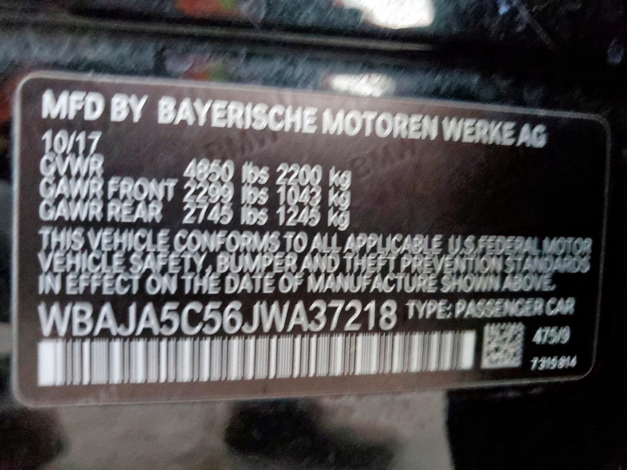 2018 BMW 5er VIN WBAJA5C56JWA37218 Copart auction photo, side / rear end damage thumbnail 12