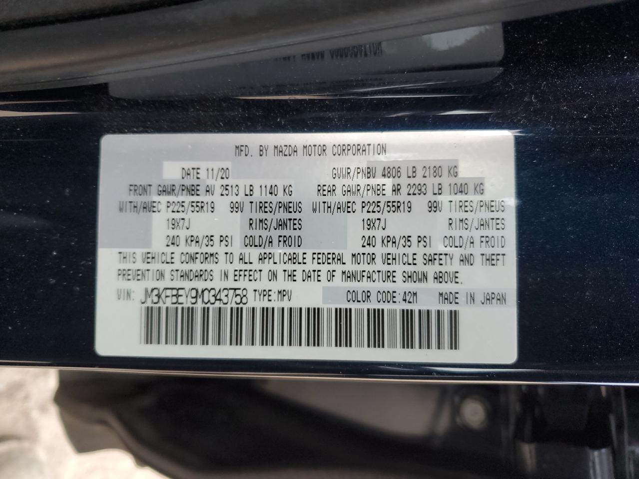 2021 Mazda CX-5 VIN JM3KFBEY9M0343758 Copart auction photo, side / rear end damage thumbnail 13