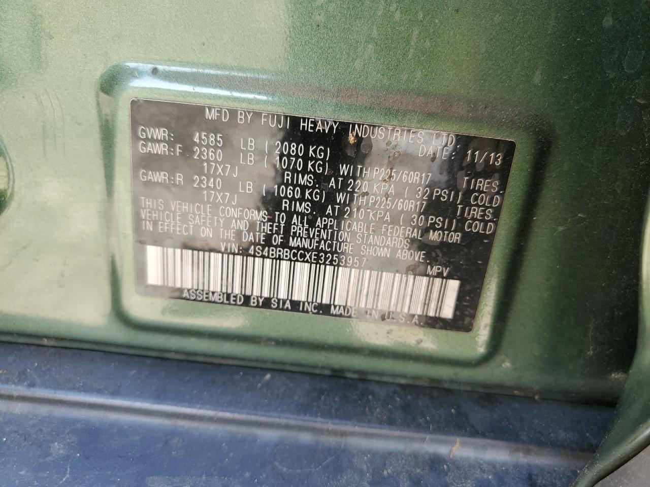 2014 Subaru Outback VIN 4S4BRBCCXE3253957 Copart auction photo, vandalism / minor dent/scratches damage thumbnail 12
