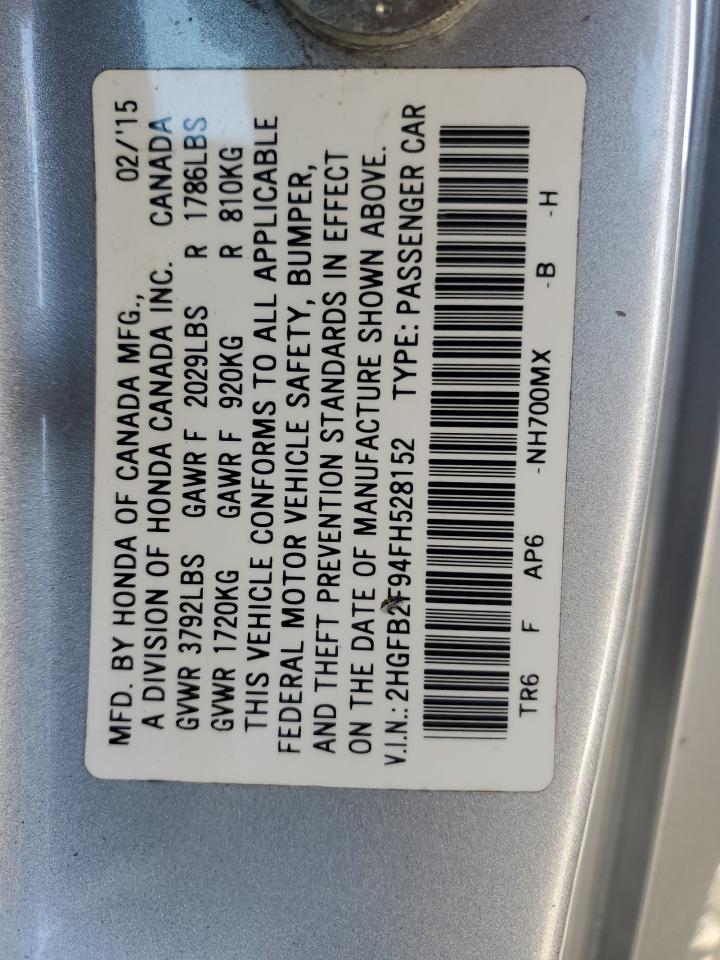 2015 Honda Civic VIN 2HGFB2F94FH528152 Copart auction photo, all over damage thumbnail 14