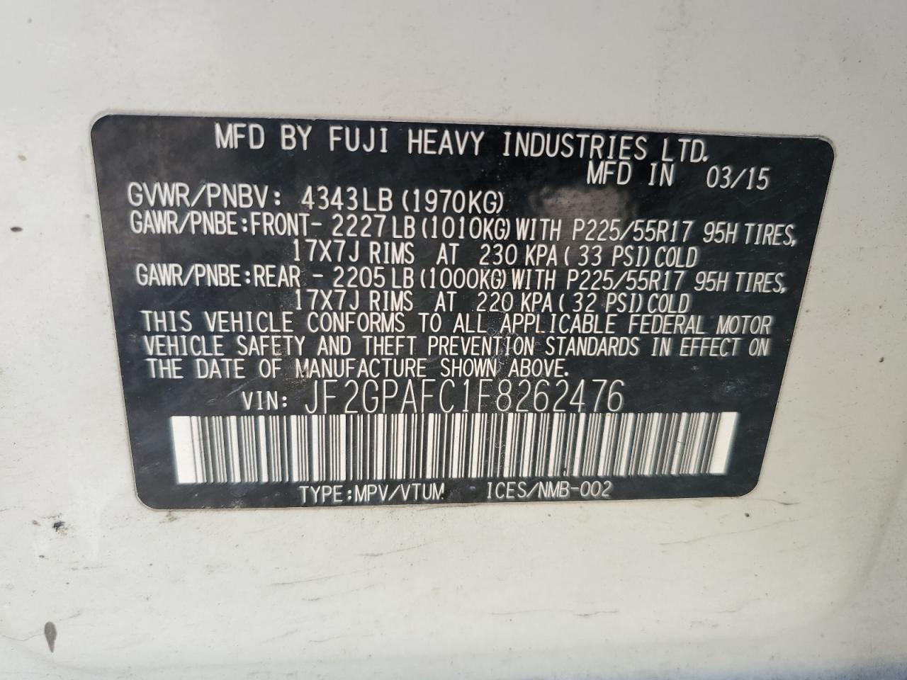 2015 Subaru XV VIN JF2GPAFC1F8262476 Copart auction photo, burn - interior damage thumbnail 12