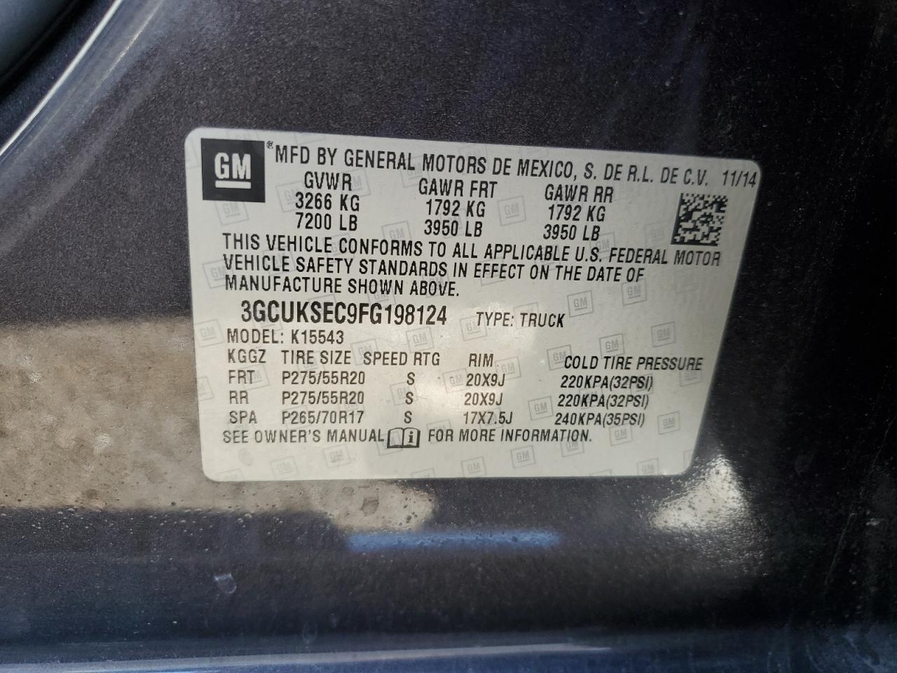 2015 Chevrolet Silverado VIN 3GCUKSEC9FG198124 Copart auction photo, mechanical damage thumbnail 12